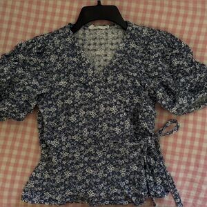 All in Favor Blue Floral Wrap Blouse